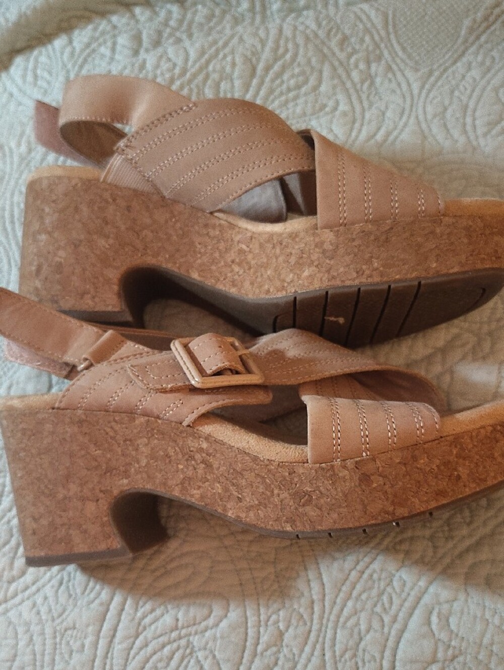 Clarks Tan Suede Crisscross Wedge Sandals - Picture 6 of 8